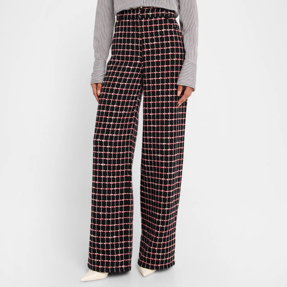 St. John Collection Windowpane Check Tweed Wide Leg Pants Blk Red Pearl Multi
